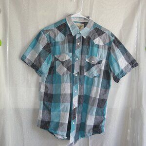 Coastal Blue, Grey, and White Plaid Button Shirt